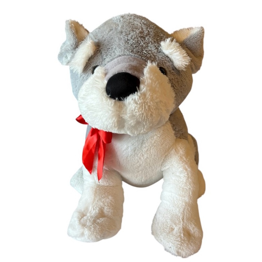 Dan Dee Collector’s Choice Charming Gray and White Stuffed Dog with Red Ribbon